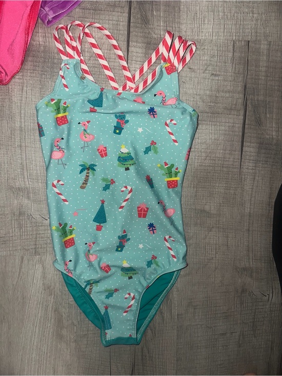 Destira Other - Destira girls Teal Holiday Print One-Piece Swimsuit with Candy Cane Straps